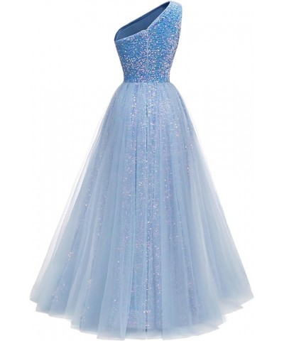 One Shoulder Sequins Prom Dresses 2024 Long A-Line Tulle Sparkly Formal Evening Dresses Ball Gowns for Women Sky Blue $36.12 ...