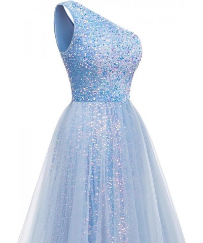 One Shoulder Sequins Prom Dresses 2024 Long A-Line Tulle Sparkly Formal Evening Dresses Ball Gowns for Women Sky Blue $36.12 ...