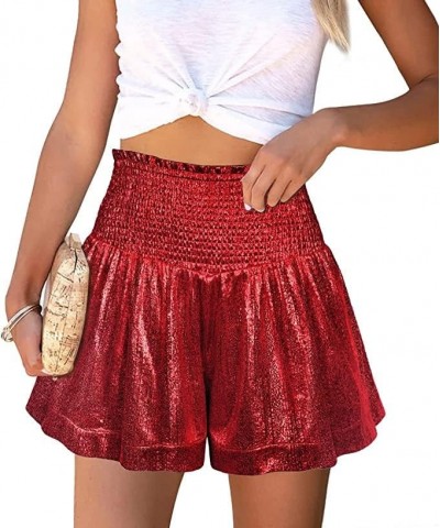 Women's Metallic Shorts Elastic High Waist Ruffle Flowy Shiny Sparkly Casual Loose Glitter Rave Club Party Pants Red $11.34 S...