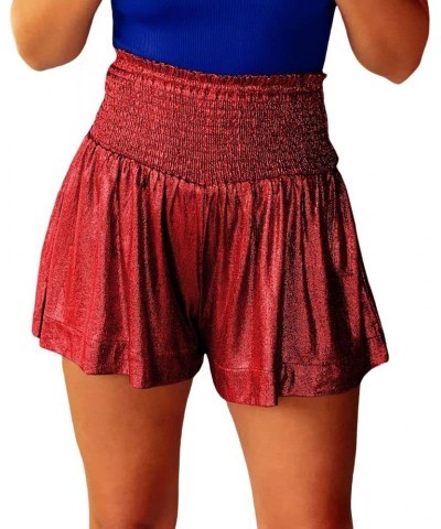 Women's Metallic Shorts Elastic High Waist Ruffle Flowy Shiny Sparkly Casual Loose Glitter Rave Club Party Pants Red $11.34 S...