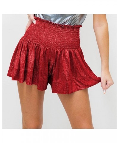 Women's Metallic Shorts Elastic High Waist Ruffle Flowy Shiny Sparkly Casual Loose Glitter Rave Club Party Pants Red $11.34 S...