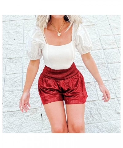 Women's Metallic Shorts Elastic High Waist Ruffle Flowy Shiny Sparkly Casual Loose Glitter Rave Club Party Pants Red $11.34 S...