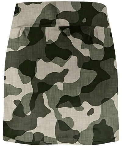 Womens Plus Size Tennis Skirt High Waist Elastic Camo Smocked Skirts Fashion Loose Fit Print Athletic Skorts Skirt Ccg39 khak...