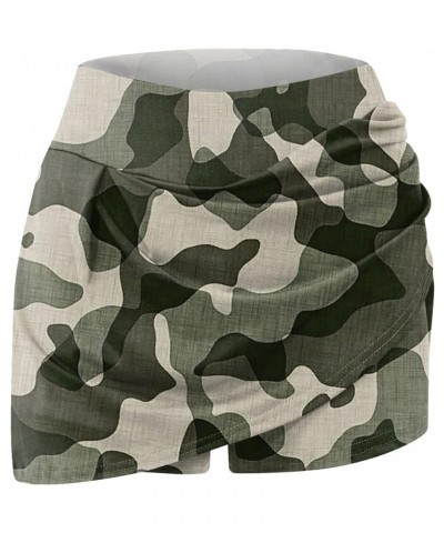 Womens Plus Size Tennis Skirt High Waist Elastic Camo Smocked Skirts Fashion Loose Fit Print Athletic Skorts Skirt Ccg39 khak...