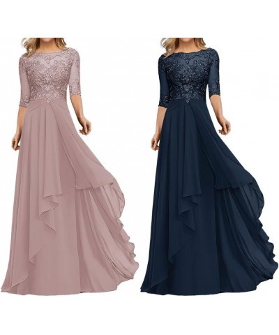 Mother of The Bride Dresses Lace Appliques 3/4 Sleeve Ruched Evening Formal Gown Long Chiffon Mother of The Bride Dress Scoop...