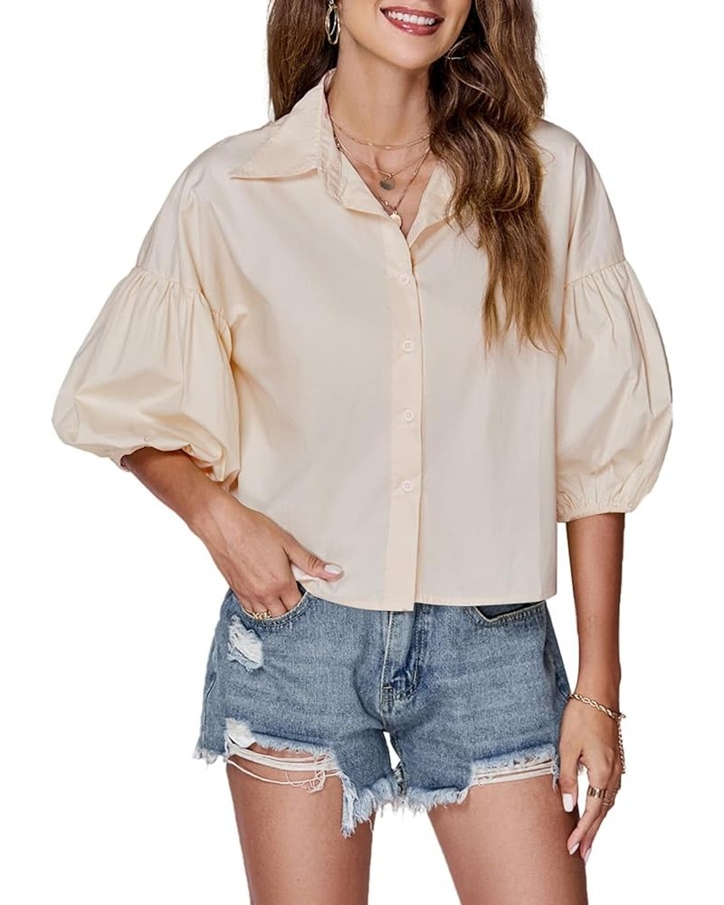 Women's Collar V Neck Button Down Lantern Short Sleeve Blouse Crop Top Shirt Beige $15.80 Blouses