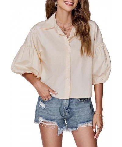 Women's Collar V Neck Button Down Lantern Short Sleeve Blouse Crop Top Shirt Beige $15.80 Blouses