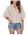 Women's Collar V Neck Button Down Lantern Short Sleeve Blouse Crop Top Shirt Beige $15.80 Blouses