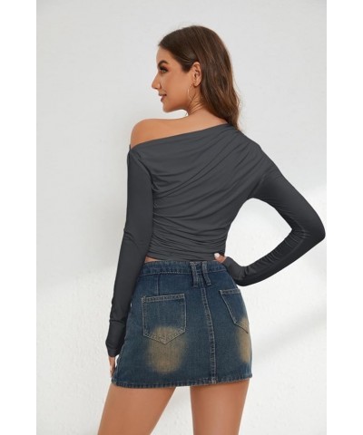 Women's One Side Off Shoulder Ruched Tops Long Sleeve Skinny Asymmetrical Neck Crop Tops Dark Grey $13.92 Blouses