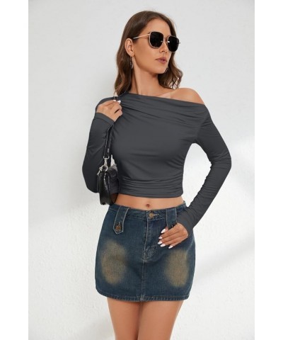 Women's One Side Off Shoulder Ruched Tops Long Sleeve Skinny Asymmetrical Neck Crop Tops Dark Grey $13.92 Blouses