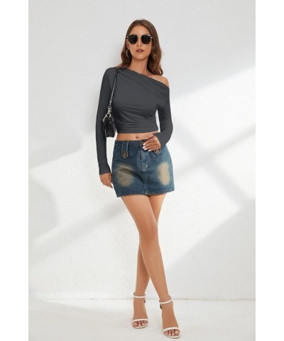 Women's One Side Off Shoulder Ruched Tops Long Sleeve Skinny Asymmetrical Neck Crop Tops Dark Grey $13.92 Blouses