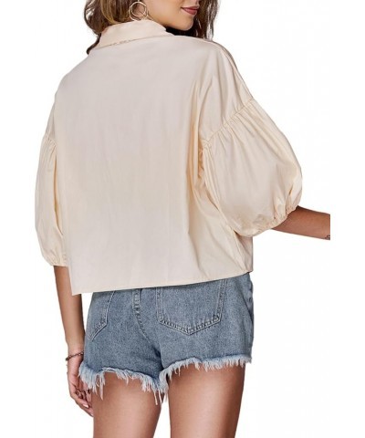 Women's Collar V Neck Button Down Lantern Short Sleeve Blouse Crop Top Shirt Beige $15.80 Blouses