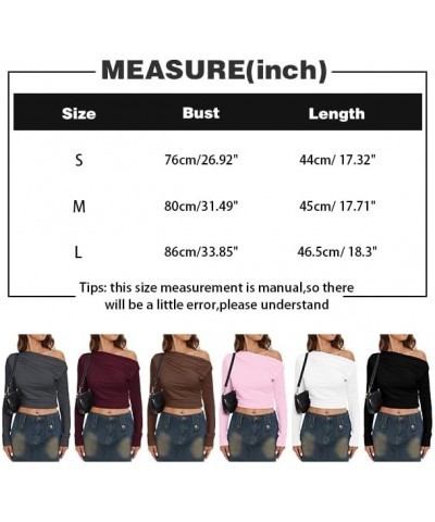 Women's One Side Off Shoulder Ruched Tops Long Sleeve Skinny Asymmetrical Neck Crop Tops Dark Grey $13.92 Blouses