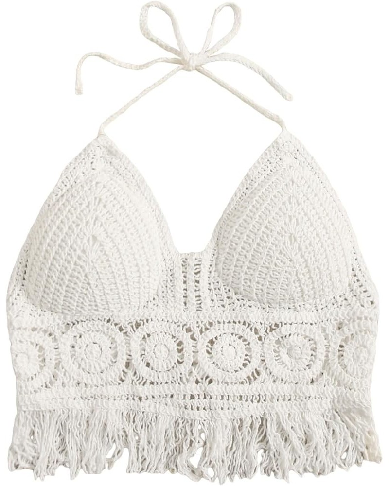 Women's Crochet Push Up Bikini Tops Sleeveless Tassel Trim Halter Cami Tank Crop Tops Plain White $12.50 Tanks