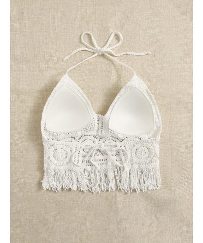 Women's Crochet Push Up Bikini Tops Sleeveless Tassel Trim Halter Cami Tank Crop Tops Plain White $12.50 Tanks