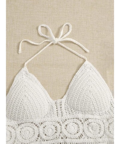 Women's Crochet Push Up Bikini Tops Sleeveless Tassel Trim Halter Cami Tank Crop Tops Plain White $12.50 Tanks