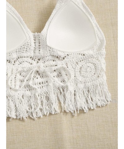 Women's Crochet Push Up Bikini Tops Sleeveless Tassel Trim Halter Cami Tank Crop Tops Plain White $12.50 Tanks