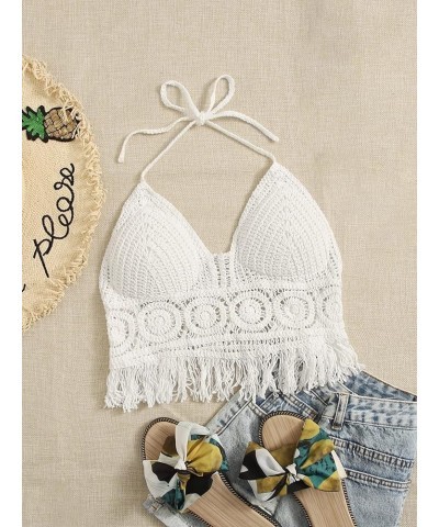 Women's Crochet Push Up Bikini Tops Sleeveless Tassel Trim Halter Cami Tank Crop Tops Plain White $12.50 Tanks