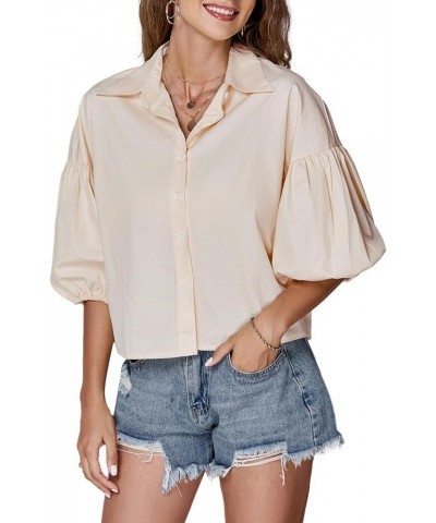 Women's Collar V Neck Button Down Lantern Short Sleeve Blouse Crop Top Shirt Beige $15.80 Blouses