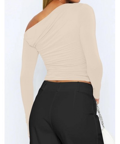 Women's One Side Off Shoulder Ruched Tops Long Sleeve Skinny Asymmetrical Neck Crop Tops Apricot $13.92 Blouses