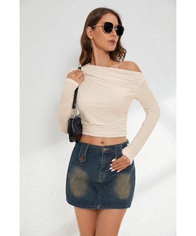 Women's One Side Off Shoulder Ruched Tops Long Sleeve Skinny Asymmetrical Neck Crop Tops Apricot $13.92 Blouses