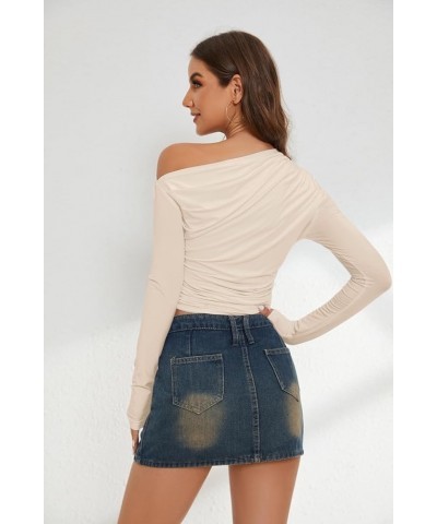 Women's One Side Off Shoulder Ruched Tops Long Sleeve Skinny Asymmetrical Neck Crop Tops Apricot $13.92 Blouses