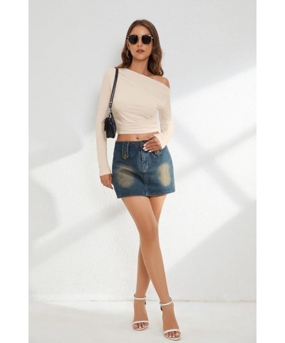 Women's One Side Off Shoulder Ruched Tops Long Sleeve Skinny Asymmetrical Neck Crop Tops Apricot $13.92 Blouses