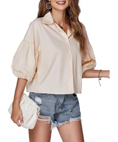 Women's Collar V Neck Button Down Lantern Short Sleeve Blouse Crop Top Shirt Beige $15.80 Blouses