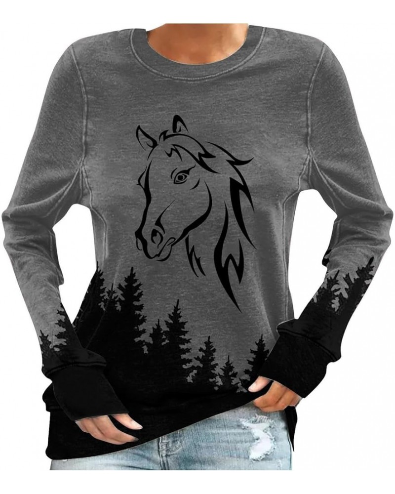 Horses T Shirt Women Funny Graphic Tees Long Sleeve Crew Neck Shirts Casual Loose Fit Blouses Horse Lover T-Shirt Gift 04 gra...