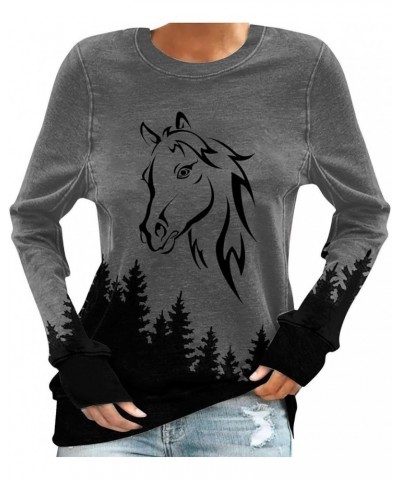 Horses T Shirt Women Funny Graphic Tees Long Sleeve Crew Neck Shirts Casual Loose Fit Blouses Horse Lover T-Shirt Gift 04 gra...