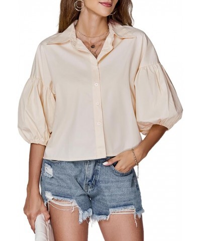 Women's Collar V Neck Button Down Lantern Short Sleeve Blouse Crop Top Shirt Beige $15.80 Blouses