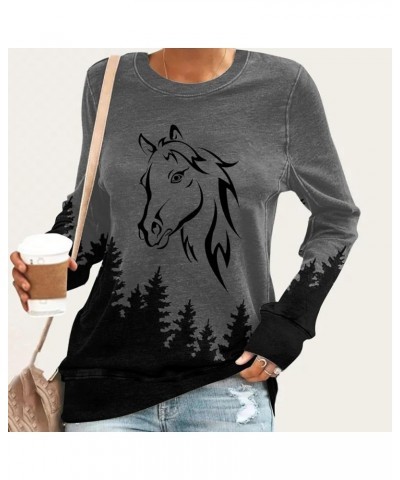 Horses T Shirt Women Funny Graphic Tees Long Sleeve Crew Neck Shirts Casual Loose Fit Blouses Horse Lover T-Shirt Gift 04 gra...