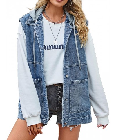 Women's Oversized Denim Vest Mid Long Jean Vest Sleeveless Jackets Distressed Vest Cotton A5-blue With Hood $23.51 Vests