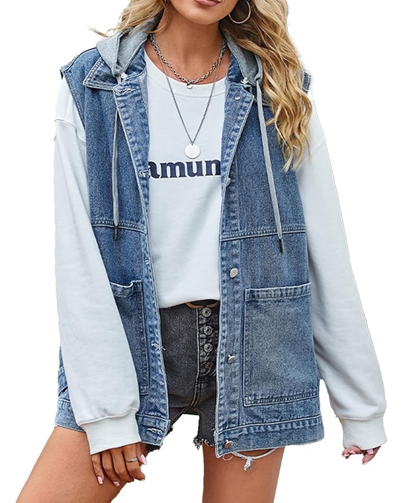 Women's Oversized Denim Vest Mid Long Jean Vest Sleeveless Jackets Distressed Vest Cotton A5-blue With Hood $23.51 Vests