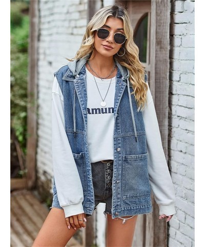 Women's Oversized Denim Vest Mid Long Jean Vest Sleeveless Jackets Distressed Vest Cotton A5-blue With Hood $23.51 Vests