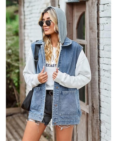 Women's Oversized Denim Vest Mid Long Jean Vest Sleeveless Jackets Distressed Vest Cotton A5-blue With Hood $23.51 Vests