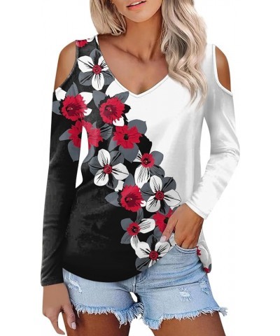 Long Sleeve Tops for Women 2024 Womens Fashion Print Flower T Shirts for Women V-Neck Casual Loose Shirts Basic Tee 02-red $1...