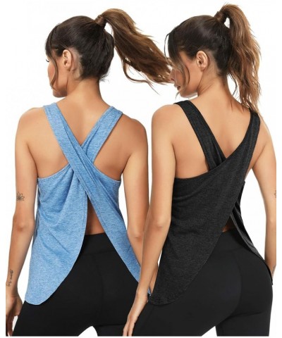 Open Back Workout Top Backless Yoga Shirts Tie Back Workout Tank Activewear Shirts Exercise Yoga Tank Tops (1-3Pack) 2pack Bl...