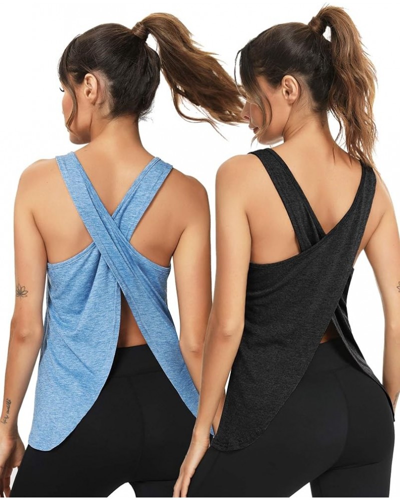 Open Back Workout Top Backless Yoga Shirts Tie Back Workout Tank Activewear Shirts Exercise Yoga Tank Tops (1-3Pack) 2pack Bl...