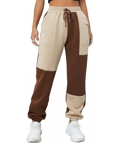 Women's Color Block Sweatpants Drawstring Waist Casual Pants with Pockets Brown and Beige $12.40 Pants