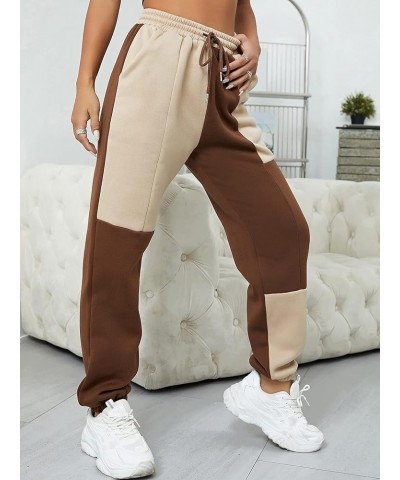 Women's Color Block Sweatpants Drawstring Waist Casual Pants with Pockets Brown and Beige $12.40 Pants