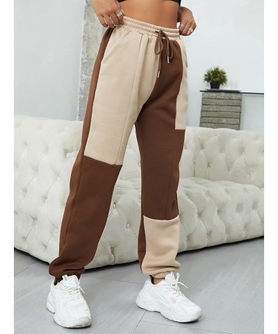 Women's Color Block Sweatpants Drawstring Waist Casual Pants with Pockets Brown and Beige $12.40 Pants