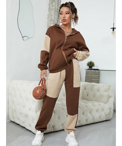 Women's Color Block Sweatpants Drawstring Waist Casual Pants with Pockets Brown and Beige $12.40 Pants