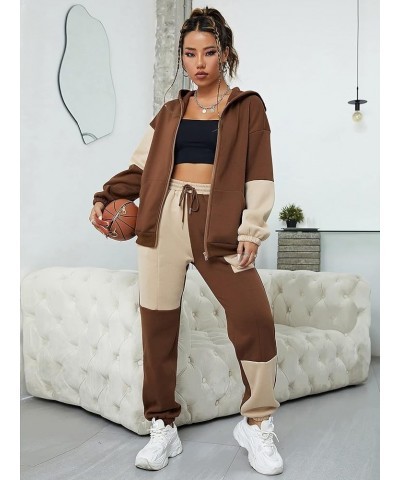 Women's Color Block Sweatpants Drawstring Waist Casual Pants with Pockets Brown and Beige $12.40 Pants