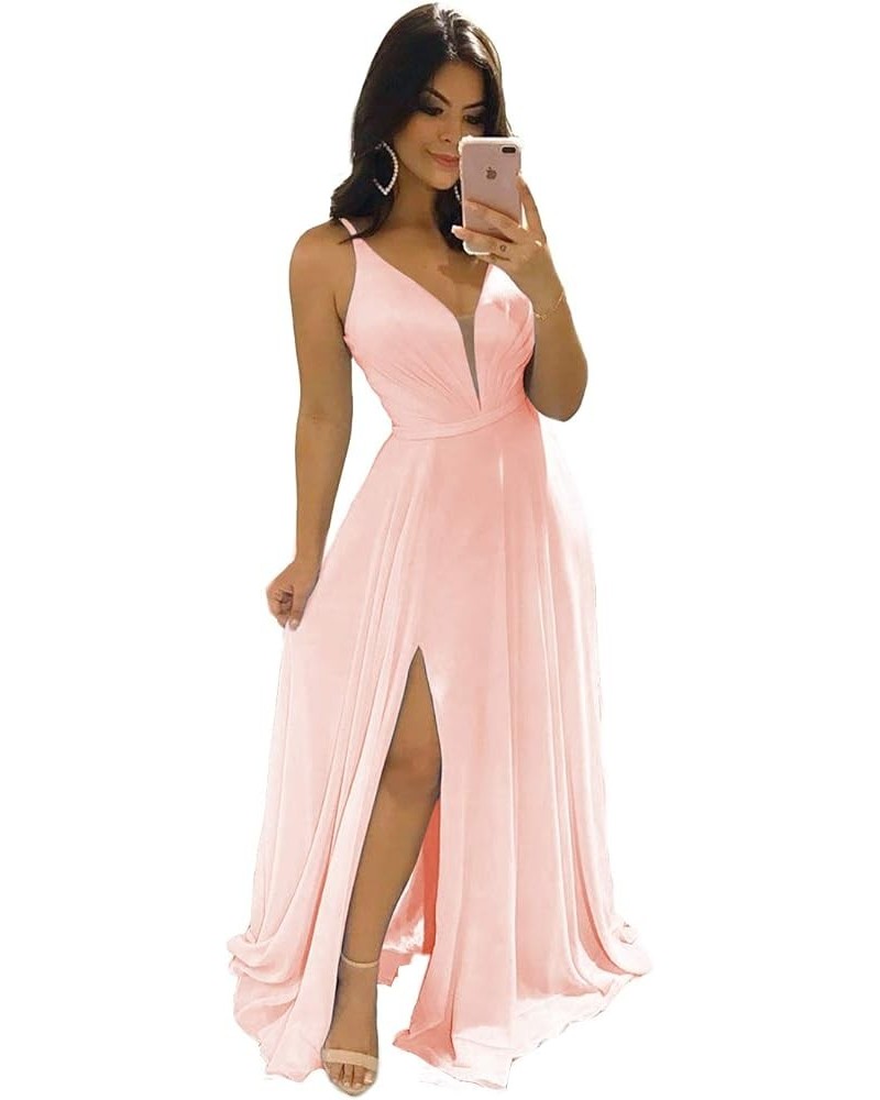 Women's V-Neck Bridesmaid Dresses for Women Long Simple A-Line Formal Dresses with Slit Cf078 Blush Pink $20.50 Dresses