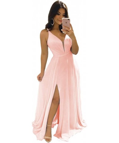 Women's V-Neck Bridesmaid Dresses for Women Long Simple A-Line Formal Dresses with Slit Cf078 Blush Pink $20.50 Dresses