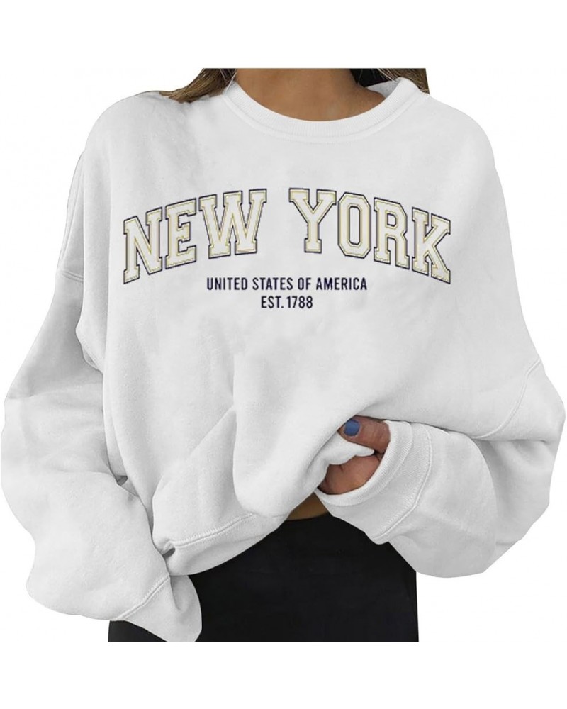 Womens Long Sleeve Tunic Sweatshirt New York Letter Printed Crew Neck Casual Sweatshirts Loose Top Women's 01-white $9.23 Act...