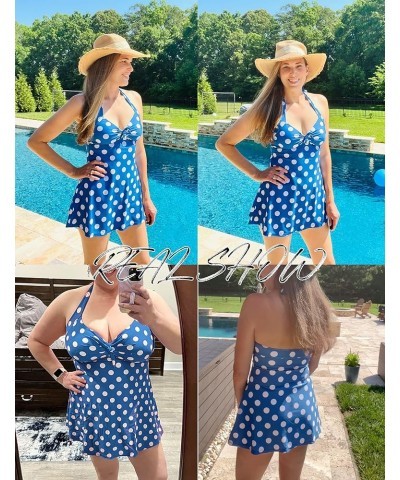 Swimsuits for Women Two Piece Retro Tankini Set Halter Swimsuit Vintage Bathing Suits with Boyshorts Polka Blue $18.09 Swimsuits