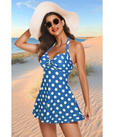 Swimsuits for Women Two Piece Retro Tankini Set Halter Swimsuit Vintage Bathing Suits with Boyshorts Polka Blue $18.09 Swimsuits