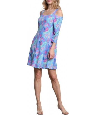 3/4 Sleeve Cold Shoulder Fit and Flare Dress Pink Blue Palm Leaf $15.98 Dresses